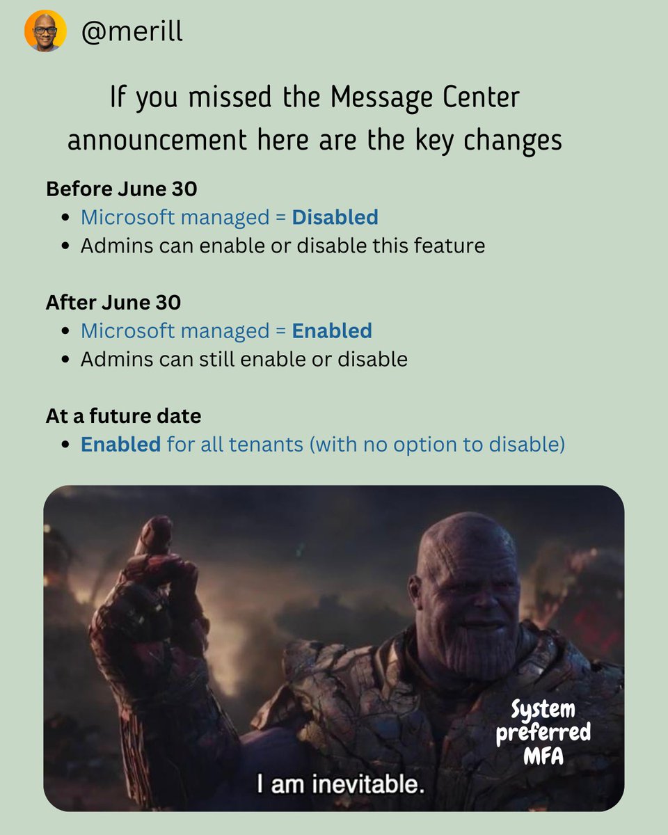 If you missed the Message Center announcement here are the key changes.

Before June 30
🚦Microsoft managed = Disabled
🚦Admins can enable or disable this feature

After June 30
🚦Microsoft managed = Enabled
🚦Admins can still enable or disable

At a future date
🚦Enabled for all
