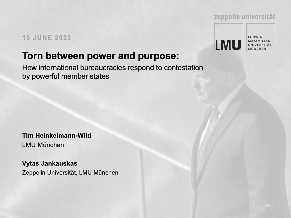 Tim Heinkelmann-Wild (@heinkelmannwild) on Twitter photo How do IO bureaucracies react when challenged by powerful states?
<a href="/vytautasjan/">Vytautas Jankauskas</a> & I argue that their response is shaped by the Agentās Dilemma: they carefully navigate a trade-off between power and purpose by ignoring, appeasing, blurring, or attacking.
Join us at #ib23 Panel D2 How do IO bureaucracies react when challenged by powerful states?
<a href="/vytautasjan/">Vytautas Jankauskas</a> & I argue that their response is shaped by the Agentās Dilemma: they carefully navigate a trade-off between power and purpose by ignoring, appeasing, blurring, or attacking.
Join us at #ib23 Panel D2