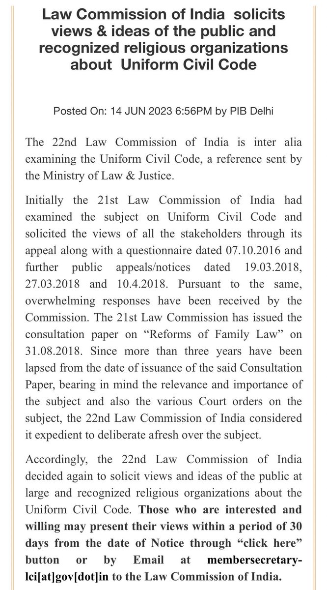 ipriyasinghbjp's tweet photo. भारत के विधि आयोग ने अगले 30 दिनों में यूनिफ़ॉर्म सिविल कोड के बारे में जनता और मान्यता प्राप्त धार्मिक संगठनों से सुझाव माँगे हैं…
#UCC #UniformCivilCod
@AmitShah https://t.co/xveyn5lZ6I