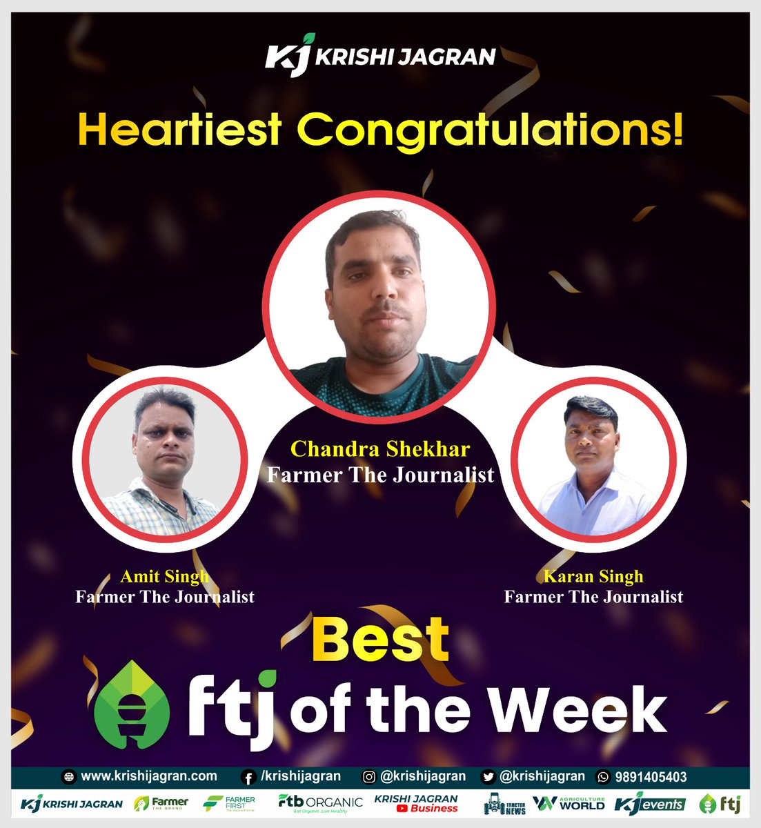 We proudly congratulate Chandra Shekhar, Karan Singh and, Amit Singh for their exceptional performance as FTJ of the week!

Their dedication and passion for agriculture have truly shone through. 
Kudos to these outstanding individuals!

#KrishiJagran #FTJoftheWeek…