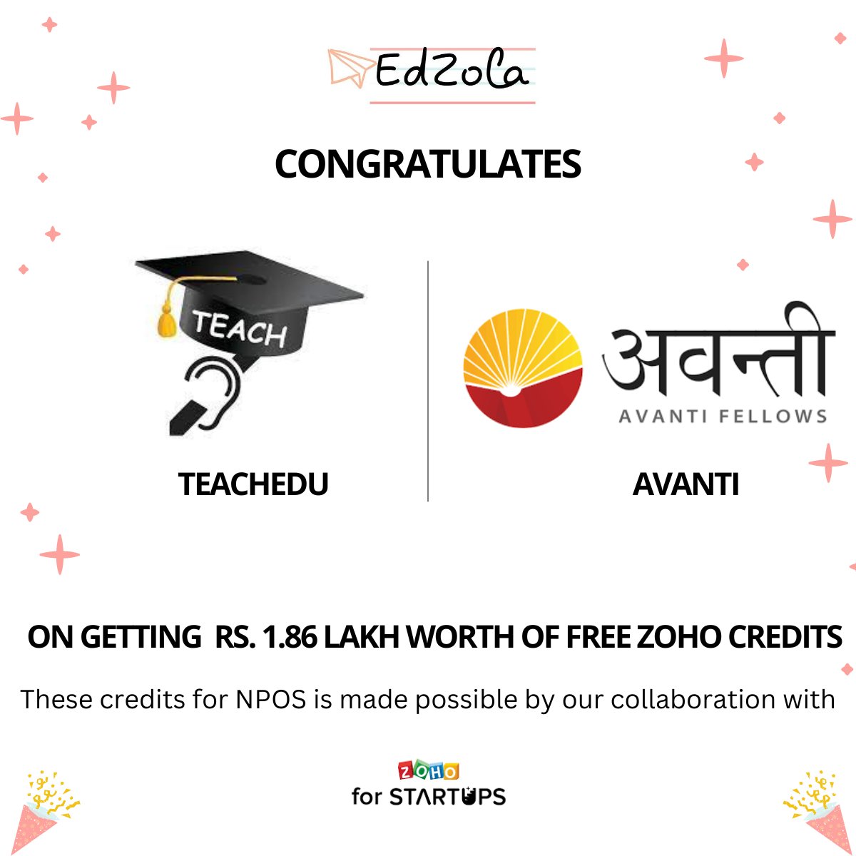 EdZolaTech's tweet image. Congrats Avanti fellows, TeachEdu and Urja Trust on receiving 1.86 lakh rupees worth of free Zoho credits. All the best to empower more children in future!

Other organizations can apply here - go.edzola.com/zfi

#techfornonprofits #techforimpact #digitaltransformation