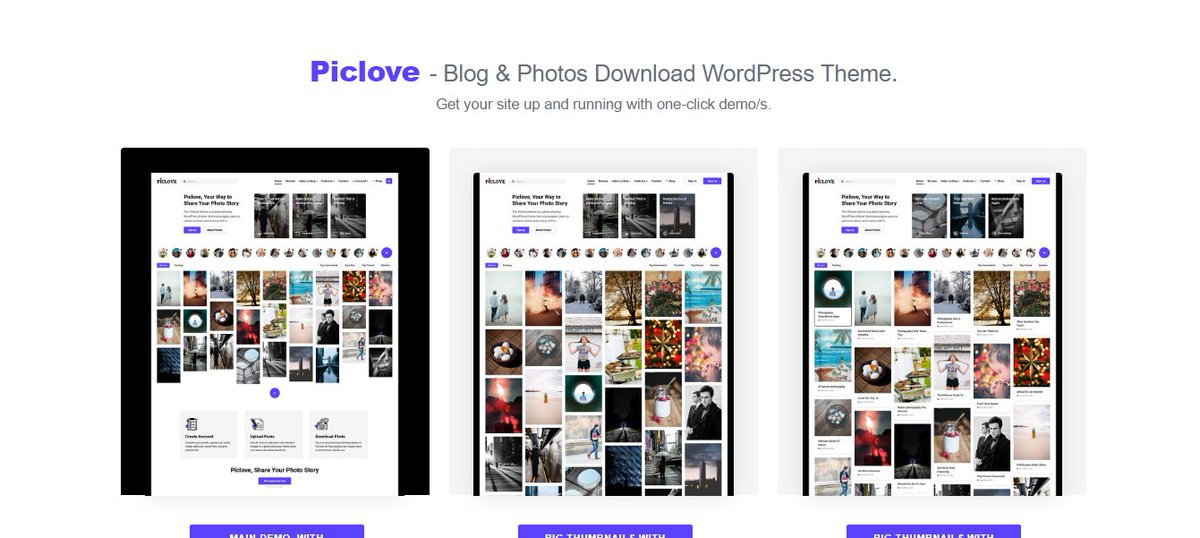 About Piclove Theme Piclove Theme , is your way to share your photo story. The Piclove theme is a photo-sharing WordPress theme that encourages users to upload a photo and a story with it. For all posts, you can enable the “download” button so your themesgear.com/piclove-theme/