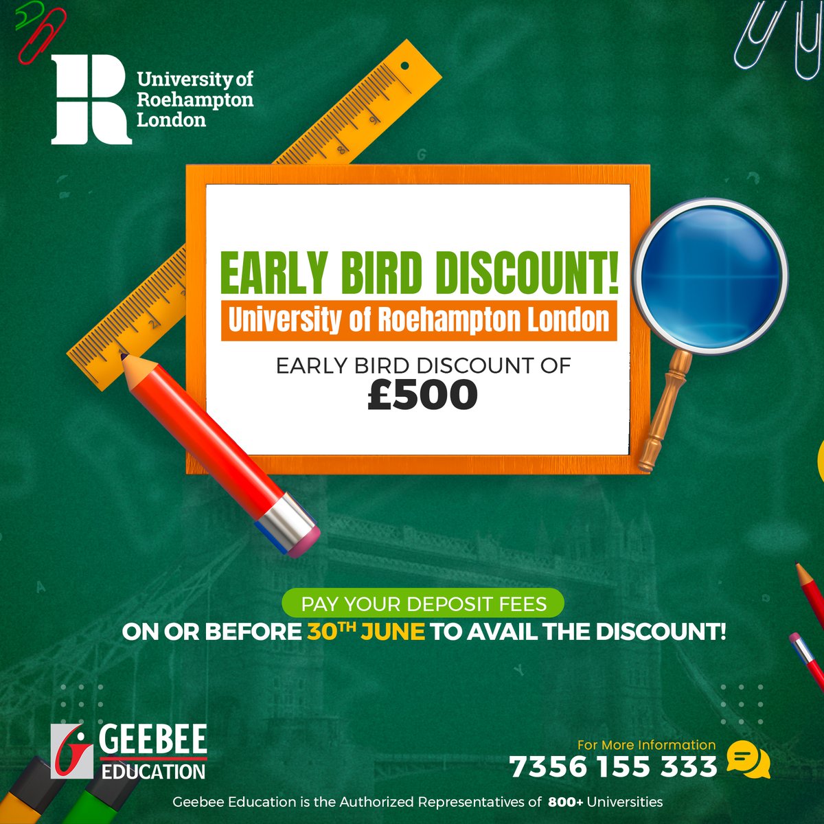 University of Roehampton London Early bird Offer !!
For more details, Please contact: 7356155333

.
#geebeeeducation #studyabroadconsultants #studyinuk #IELTS #ieltspreperation #universityofroehampton #ukstudyupdates #ukstudentvisa