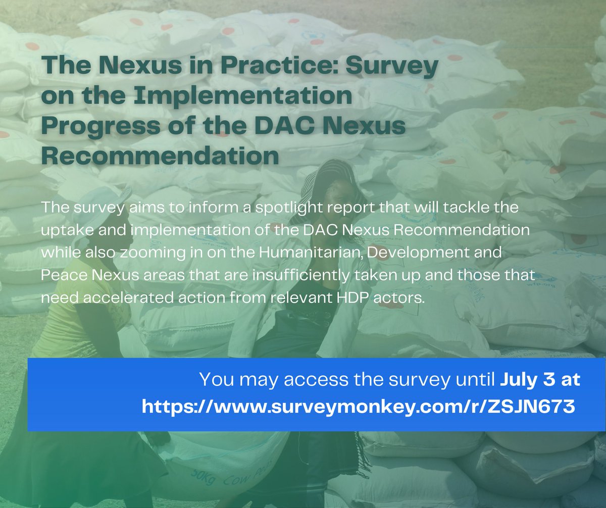SURVEY ALERT! 📢

The Peace and Security Working Group of the @DAC_CSORG devised a survey aiming to gather relevant information on the state of implementation of the DAC Nexus Recommendation. The survey will be open until JULY 3, Monday. 

🔗surveymonkey.com/r/ZSJN673
