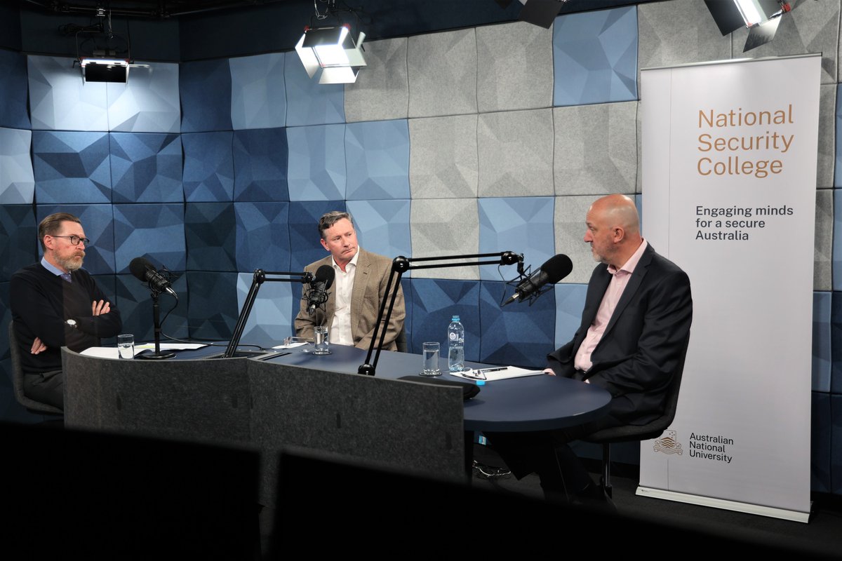 Left to right: Professor Rory Medcalf AM, Head of the ANU National Security College, Andrew Shearer, Director-General of National Intelligence, and Mike Burgess, Director-General of Security, recording in the podcast studio.