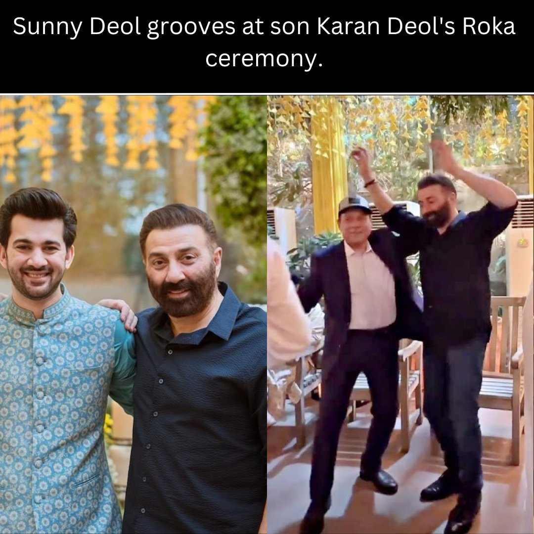 cinepari's tweet photo. Bollywood Actor Sunny Deol grooves along with Father Dharmendra; at son Karan Deol's Roka ceremony. Not only these Bobby Deol was also spotted having fun with family in Karan Deol's pre wedding bash.                              #Bollywoodactors #Dance #Fun #Rokaceremony https://t.co/bCwRoYhjVq