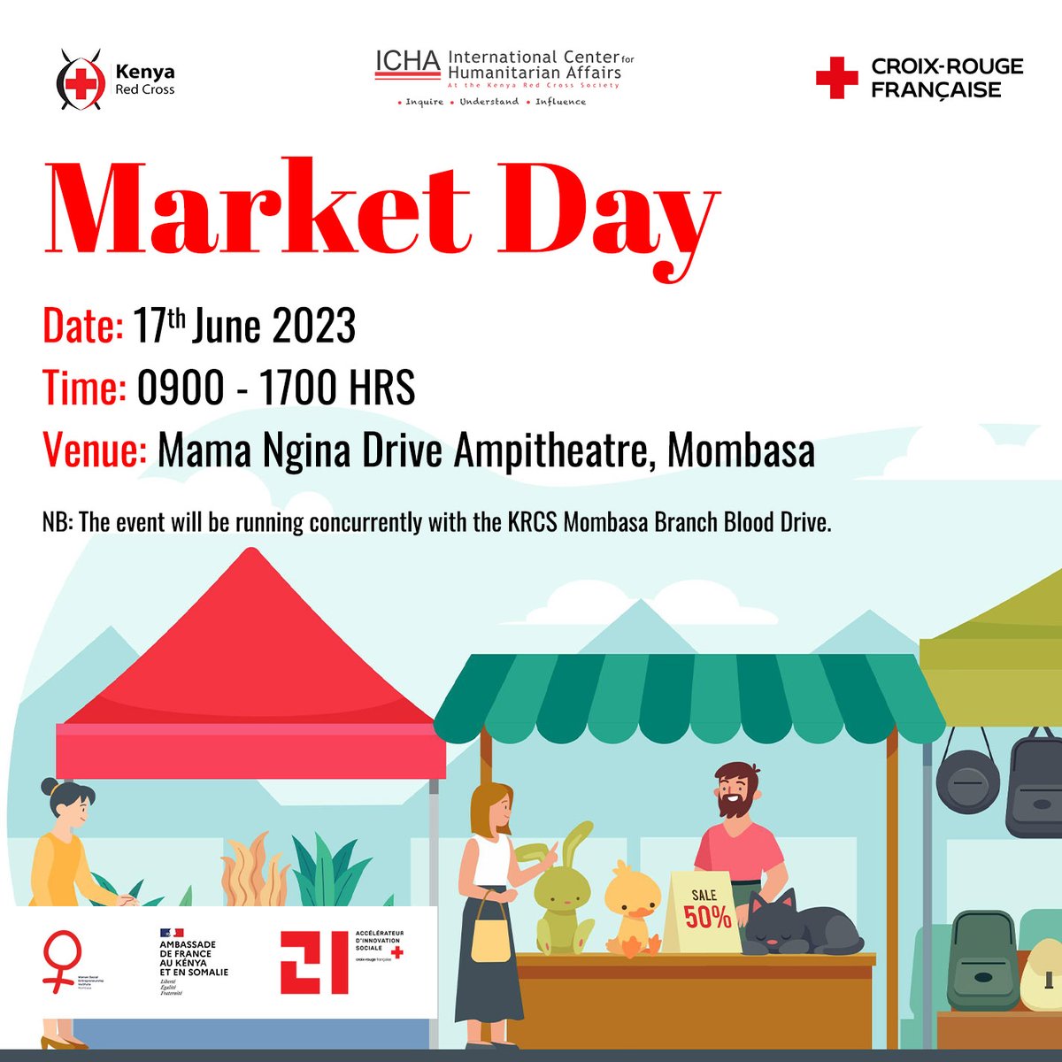 Join us at the Mama Ngina Drive Amphitheatre in Mombasa for a #MARKETDAY on Saturday! Experience the vibrant atmosphere as entrepreneurs from @KenyaRedCross showcase Coastal food & cultural items.
#BloodDonationDay @red_mombasa @franceinKenya, @CroixRouge @21CroixRouge @icha_krc