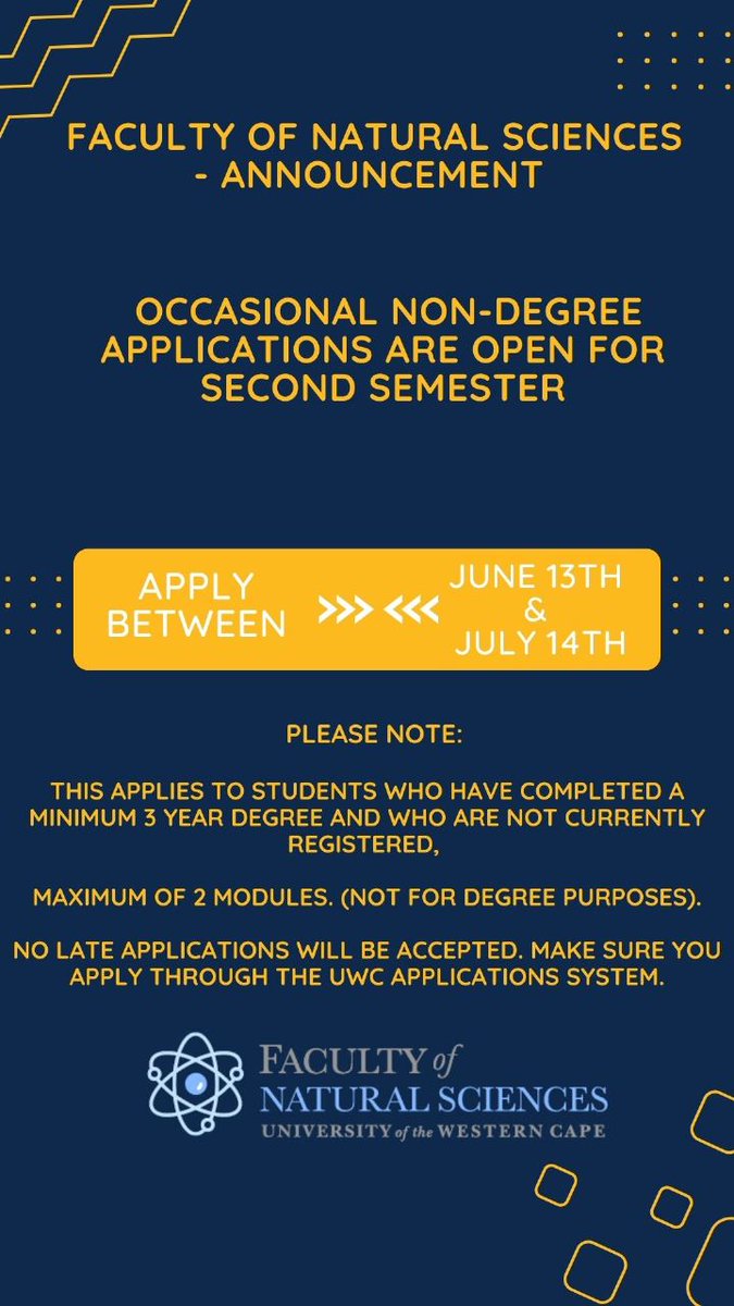 UWCNaturalSci's tweet photo. 2023 occasional non-degree applications are open for second semester
https://t.co/tmW7O37is4 https://t.co/Wj00iq262l