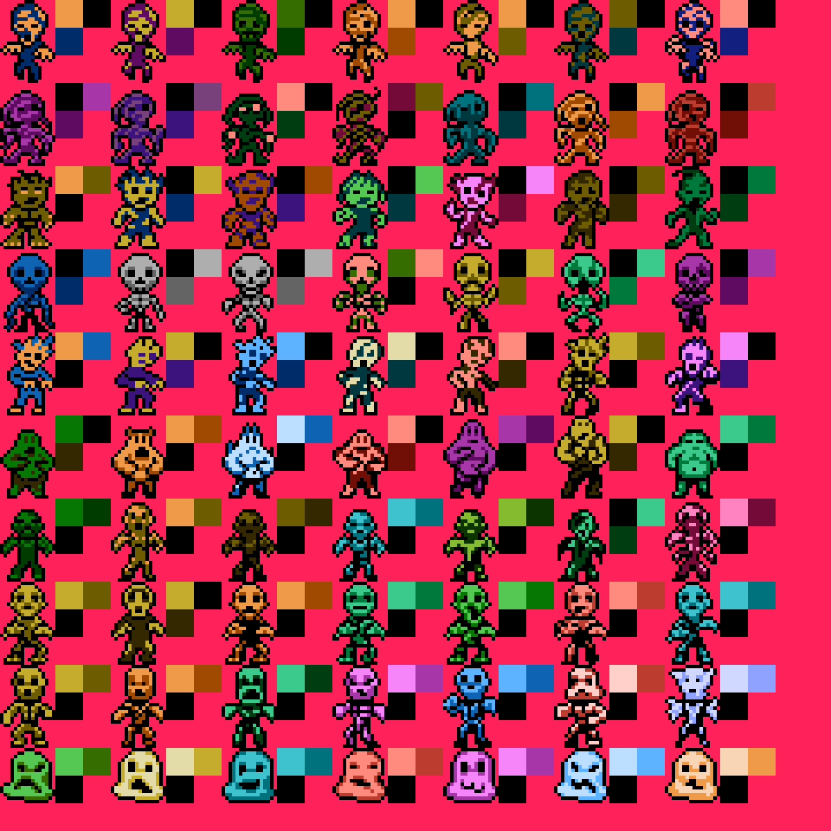 JorinDesign's tweet photo. More monster designs for Zombie Legacy(NES). This time they have balck outline with tho other colors. This way characters can be distinguished more easily from background. #NESgame #indiedev #indiegamedev #8bit #8bitgraphics #characterdesign #monsterdesign https://t.co/FMsJ6eMYY9