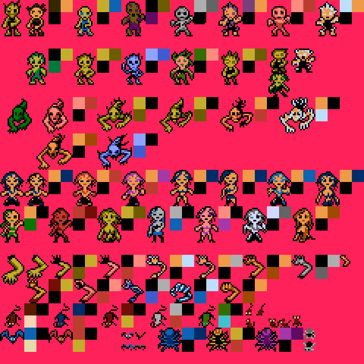 JorinDesign's tweet photo. More monster designs for Zombie Legacy(NES). This time they have balck outline with tho other colors. This way characters can be distinguished more easily from background. #NESgame #indiedev #indiegamedev #8bit #8bitgraphics #characterdesign #monsterdesign https://t.co/FMsJ6eMYY9