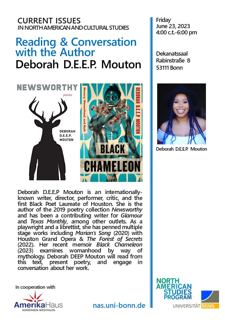 NAS_Bonn's tweet photo. We are happy to announce that on 23 June, there will be a reading &amp; conversation with Deborah D.E.E.P. Mouton as part of our Lecture Series. She will read from her recent memoir, Black Chameleon, and later engage in a conversation about her work. Join us for this special event! https://t.co/hoEpm3nHuA