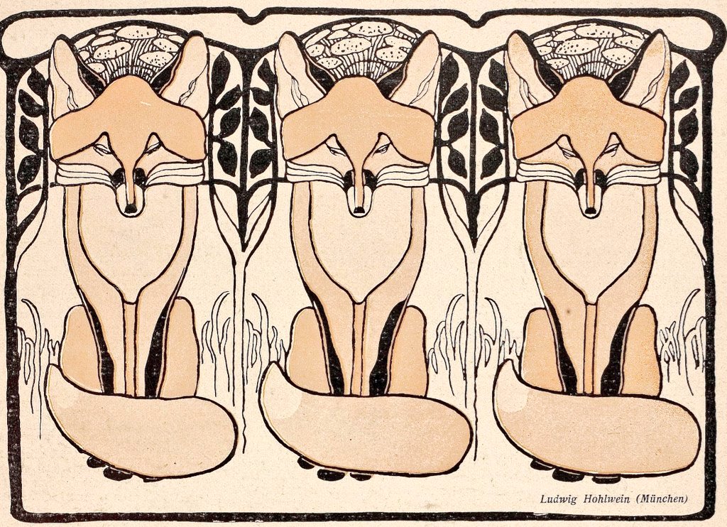 Three foxes from 1900 as illustrated in German Art Nouveau magazine 'Jugend'.