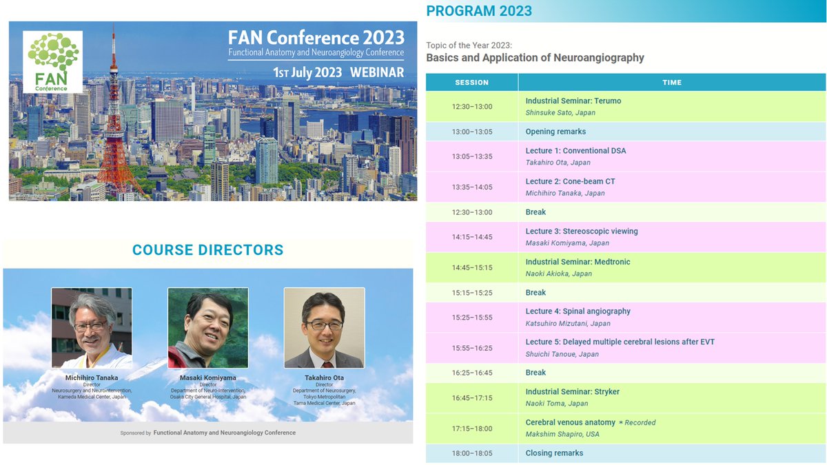 fan_conference's tweet photo. Only two weeks to go.
Don't miss it! FAN conference2023
The topic of 2023 is 'Basics and Application of Neuroangiography'.
Registration: https://t.co/g1fUCnyUzQ……
@Michihiro1966 @kanachan2020 @Taka_Tamaso
#FANconference #Neuroradiology #FunctionalAnatomy https://t.co/miHd1xJBWi