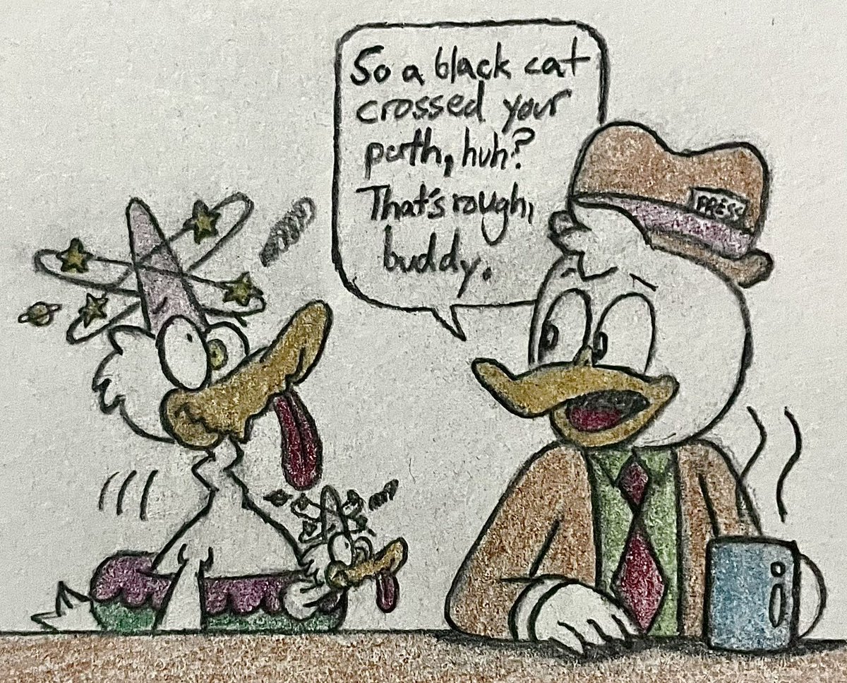 Day 14 of Toon June 2023 - Free Day

In a follow-up to yesterday’s prompt, my OC Mr. Duck encounters Wade from U.S. Acres. #ToonJune #ToonJune2023 #FreeDay #Wade #USAcres #JimDavis #MrDuck #OC #Crossover #JJSponge120