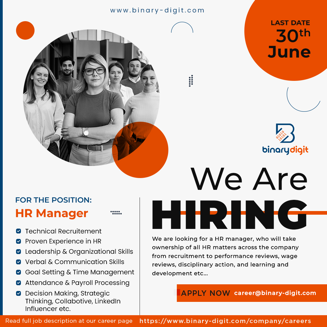 Binary Digit is urgently hiring a position of 'HR Manager'.

Experience: 2 Years
Location: Karachi, Pakistan (on-site job only)
Salary Budget: 60K per month

#hr #hrmanager #hrmanagerjobs #humanresource #softwarecompany #digitalagency #UrgentHiring #karachi #Pakistan #usa