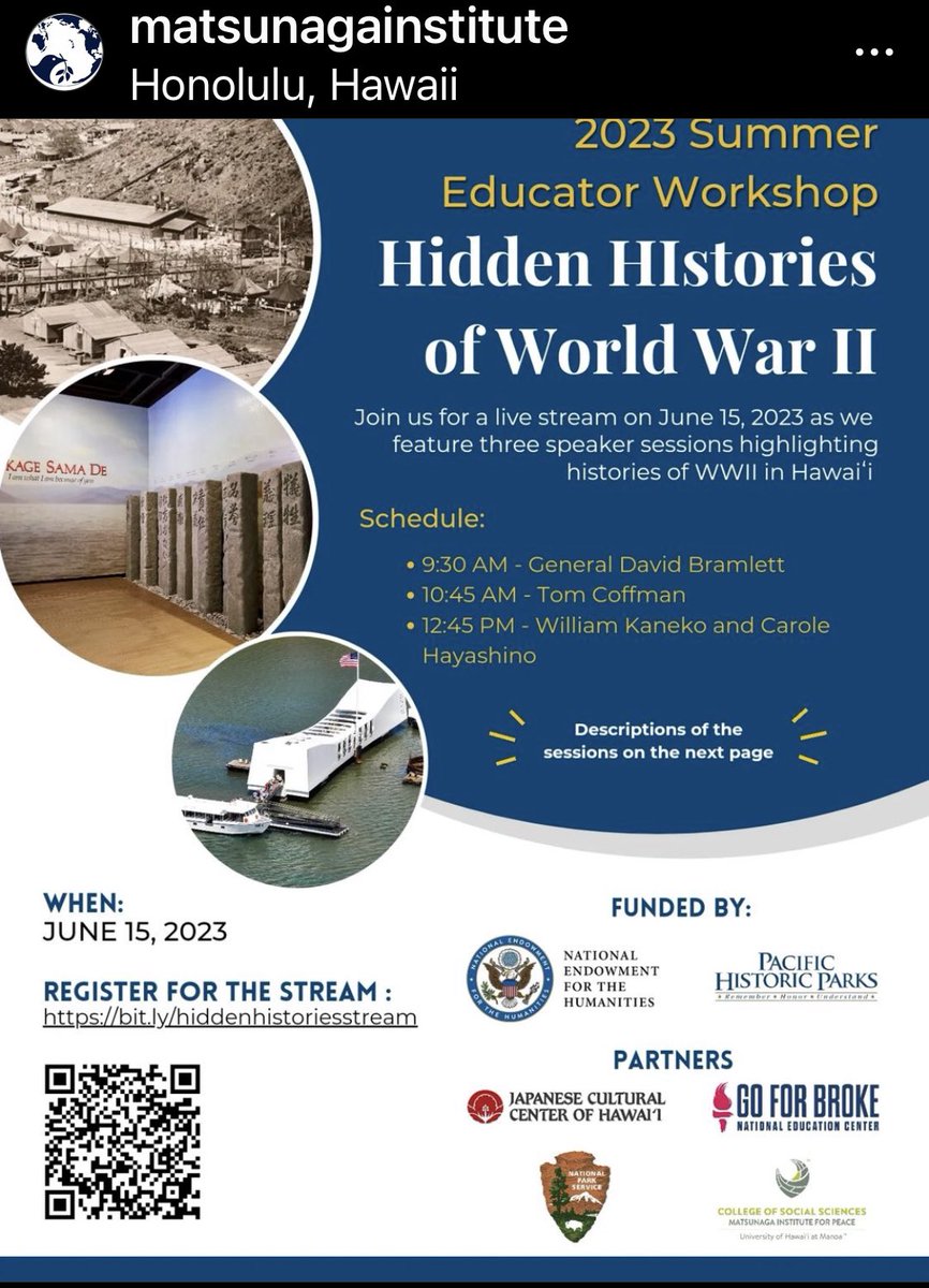 Awesome livestream learning opportunities from <a href="/SparkMMatsunaga/">Matsunaga Institute</a> with support from <a href="/NEH_Education/">NEH Education</a> &amp; <a href="/gfbnec/">Go For Broke National Education Center</a>!

#goforbroke
