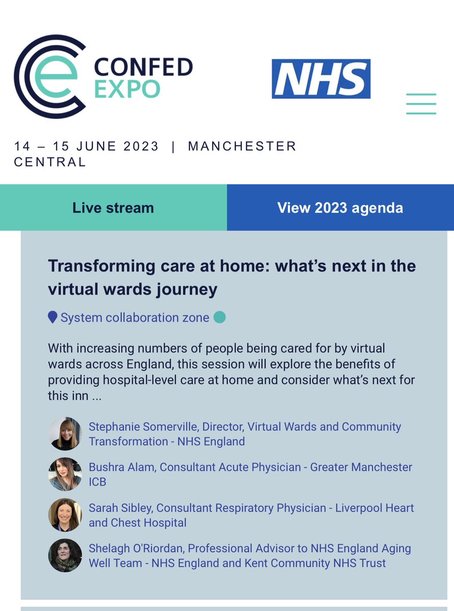 Exciting agenda today at #NHSConfedExpo check out @jupiterhouse1 and @steffsomerville in system collaboration zone what's next in #VirtualWards journey 11.40 am.