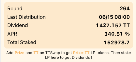 <a href="/tt_prize/">TTPrize</a> Gold-Dividend pool stats      
2023-06-14 
💰Dividend : 1427.157 $TT 
📈APR : 340.51%
💍Total Staked : 152978.7 Prize-TT
Check👉prize-dapp.com/gold-dividen

#ThunderCore #earnmoney #earnonline #memecoin #KuCoin #upbit #업비트 #썬더코어 #ThunderCore #TT #HUOBI #PassiveIncome