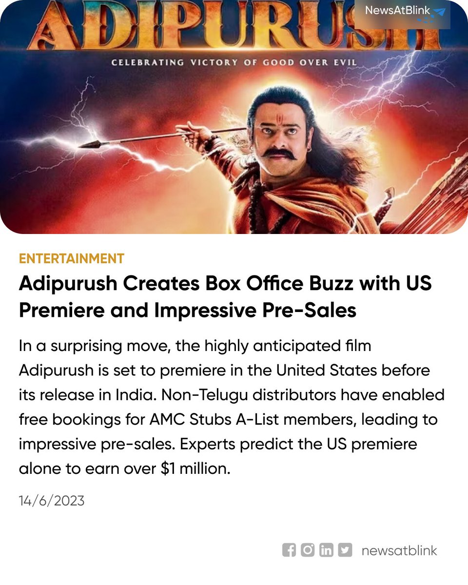 newsatblink's tweet image. #Adipurush #FilmPremiere #BoxOfficeBuzz #USRelease #PreSales #AMCStubsAList #Prabhas #SaifAliKhan #KritiSanon #Ramayana #IndianCinema #newsatblink

To know more about it refer "hindustantimes.com/entertainment/…"