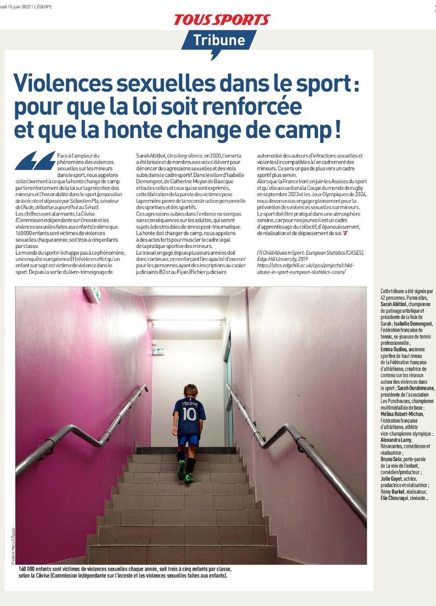 Tribune dans <a href="/lequipe/">L'Équipe</a> du jour ⬇️
#violencessexuelles #protectiondesmineurs #loi #honorabilité #sport
<a href="/IsaDemongeot/">Isabelle Demongeot</a> <a href="/Abitbol_sarah/">Sarah ABITBOL</a>