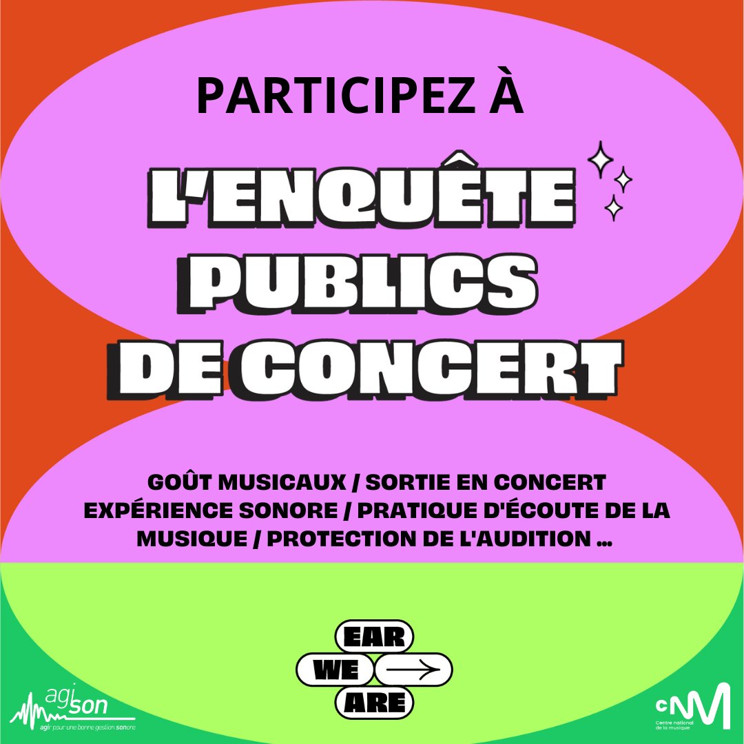 [ENQUÊTE] 👂
L'association Agi-Son, lance sa campagne annuelle EAR WE ARE visant à interroger les spectateur.rices de concerts sur leurs goûts musicaux, habitudes de sorties et pratiques d’écoute 🎧

Pour y répondre, c'est par ici 👉 bit.ly/3BdqWVB