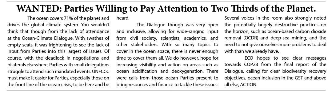 Check out our article in @CANIntl ECO today on the lack of parties attending the #OceanClimateDialogue at #SB58.

We can't save the #ocean if parties don't/can't attend these hard fought agenda items!