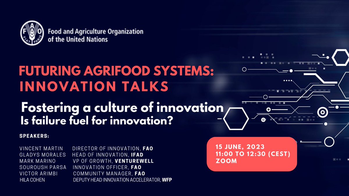 🚨 TODAY! @UN  Rome Based Agencies (@FAO , @IFAD @WFPInnovation ) and @venturewell  for a dialogue on #innovationculture & #innovationpolicy in the context of #agrifood systems!
📆 Thursday 15 June 2023
⏱️ 11:00-12:30 CEST
📍  FAO or join us online
👉 fao.zoom.us/webinar/regist…