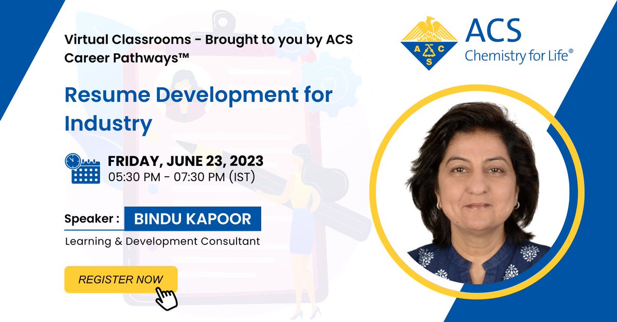 AmerChemSociety's tweet photo. π’ Save Your Seat for the upcoming ACS Virtual Classroom, "Resume Development for Industry," led by Bindu Kapoor, Learning & Development Consultant.
πRegister today at https://t.co/dhQaQa0MaB #Resume #ACSInternational #FreeWebinar #ACSinIndia #ACSVirtualClassroom https://t.co/nBco7KHZUf
