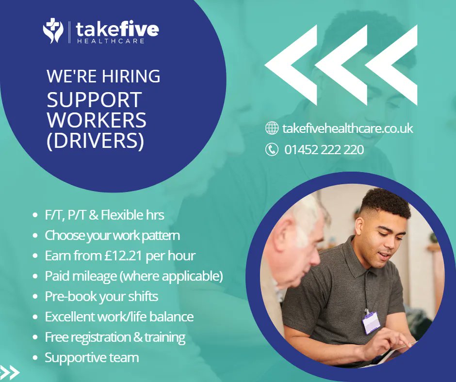 👋Are you an experienced Support Worker in Gloucestershire who can drive with access to your own transport? Are you seeking regular work? Join #TakeFiveHealthcare today!! 

👉 It’s easy to register - buff.ly/431imF6

#GlosCareJobs
