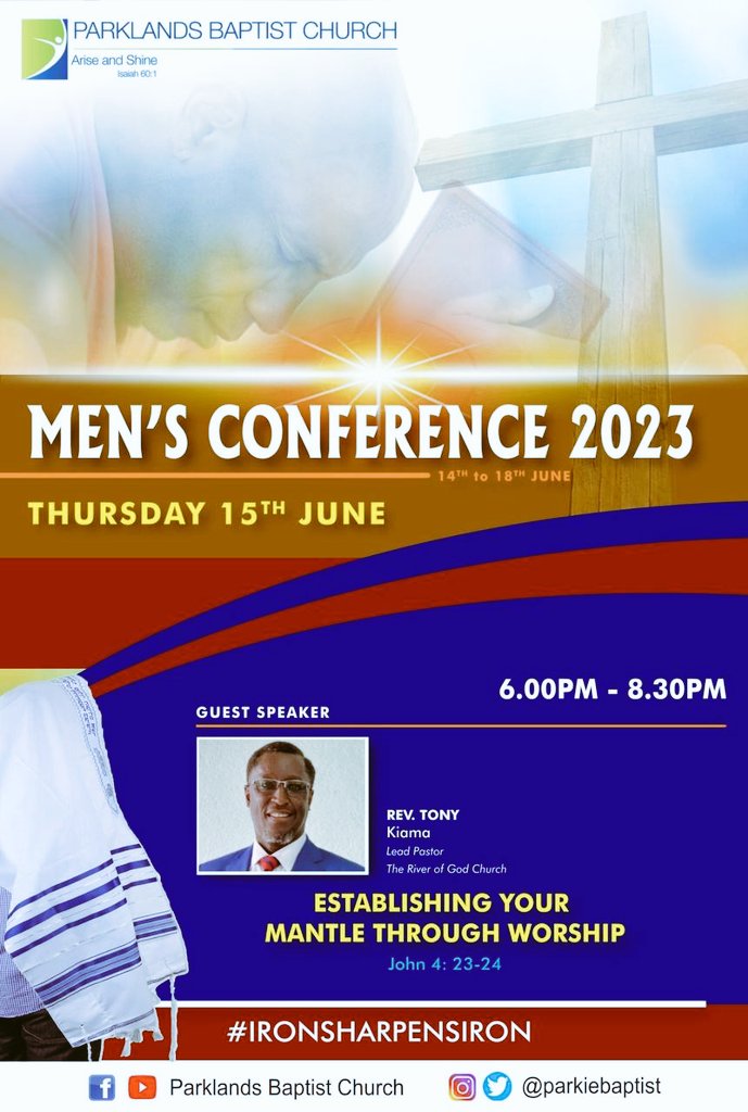 Welcome to day 2 of the Men's Conference, we are delighted to have Rev. Tony Kiama from River of God Church. <a href="/ParkieBaptist/">Parklands Baptist Church™</a>
<a href="/ParkieYouth/">Parkie Youth</a> <a href="/EastgatePBC/">ParkieEastgate</a> 
#IronSharpensIron
#ReclaimingTheMantle
#Mensconference2023
#EmpoweredObedience
#UnleashedCourage