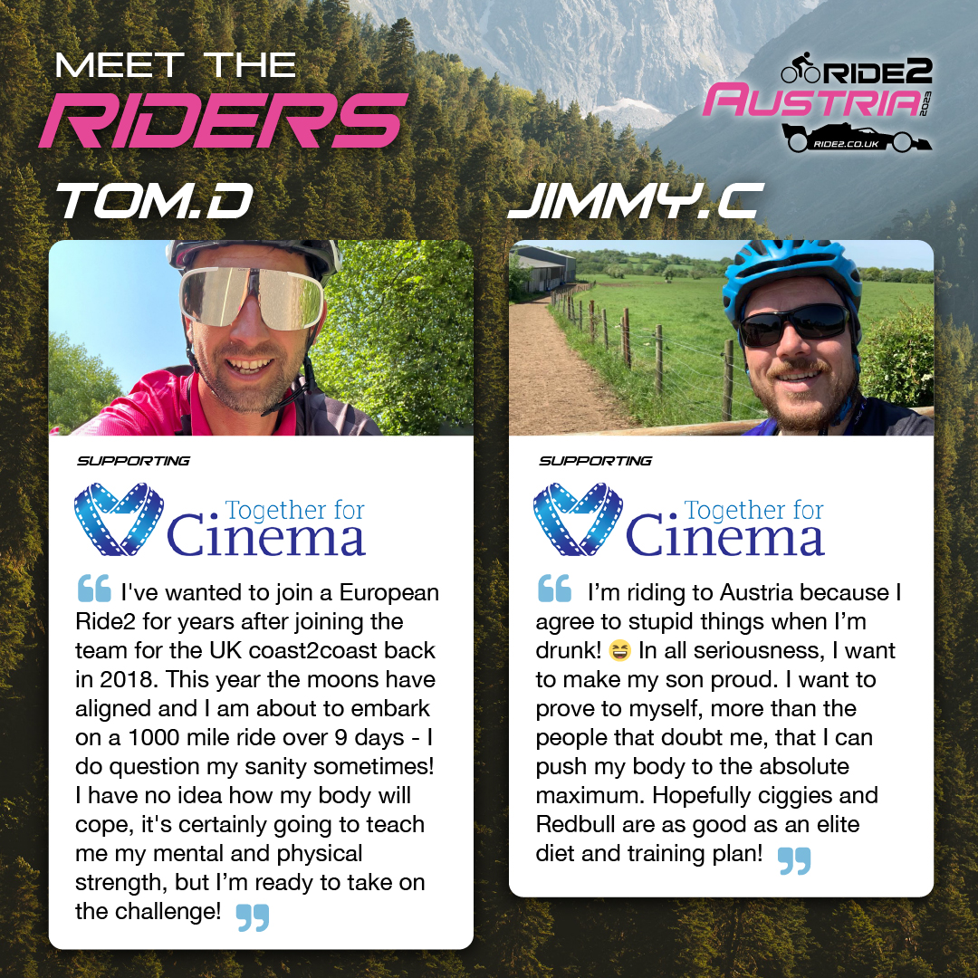 Meet the #Riders Taking on #ride2austria!

Tom D & Jim C Supporting @Together4Cinema

Donate to Tom & Jimmy at ride2.co.uk/donate

🚴🏼‍♀️🏎🇬🇧🇦🇹

#togetherforcinema #cycle #charity #charities #fundraiser #F1 #formula1 #formulaone #redbullracing #redbullring #redbullformula1