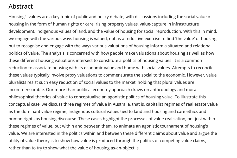 Housing’s Values: Housing as an Ethical Urbanism

New paper w. <a href="/GeogCam/">Geographical News and Events</a> in <a href="/envplanf/">Environment & Planning F</a>

We bring political economy, anthropology &amp; moral philosophical theories of value together to show how value is produced through the politics of competing value claims
journals.sagepub.com/doi/10.1177/26…