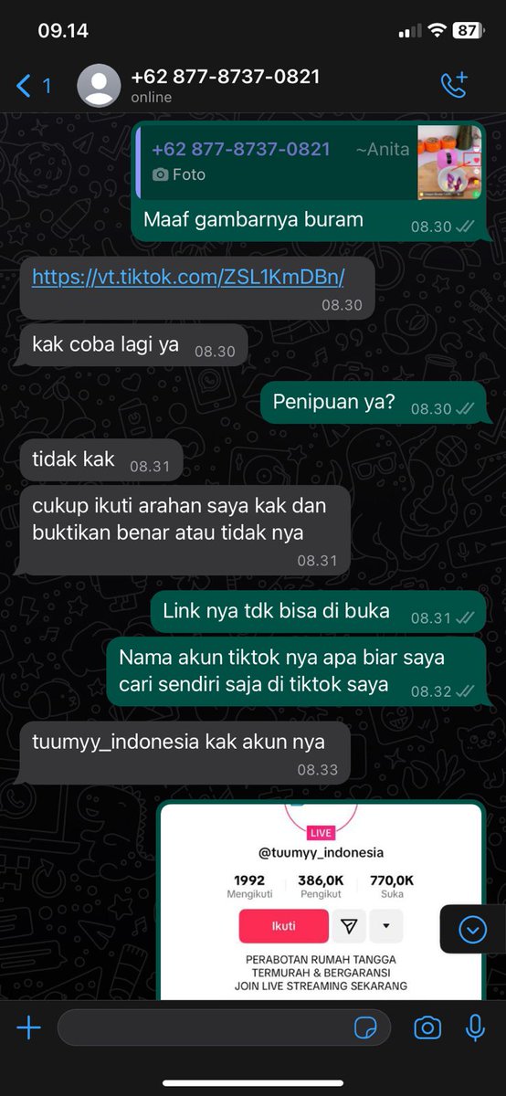 inianaloh's tweet photo. @tanyakanrl iyaa bener lg marak bgt penipuan. aku jg kerja jd host live skrg sering bgt viewers tanya emg iya like video dpt duit? soalnya banyak yg dm tiktok mereka ada yg ngaku2 jd admin tiktok aku dan suruh move ke wa gtu dan kaya gini kurleb https://t.co/idh12z5KUR
