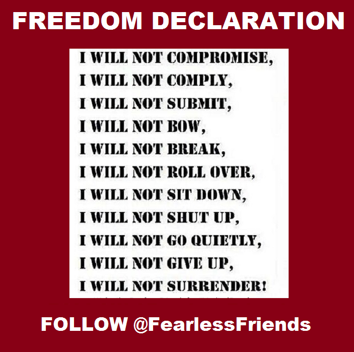 FearlessFriends's tweet photo. #Freedom Declaration: Personal #Sovereignty Oath.
#WeThePeople swear allegiance only to ourselves and the God of our understanding.
Using peaceful #MassNonCompliance we'll exercise individual free will however we wish.
We declare our principles to be non-negotiable👇 https://t.co/Od0jECiUHT