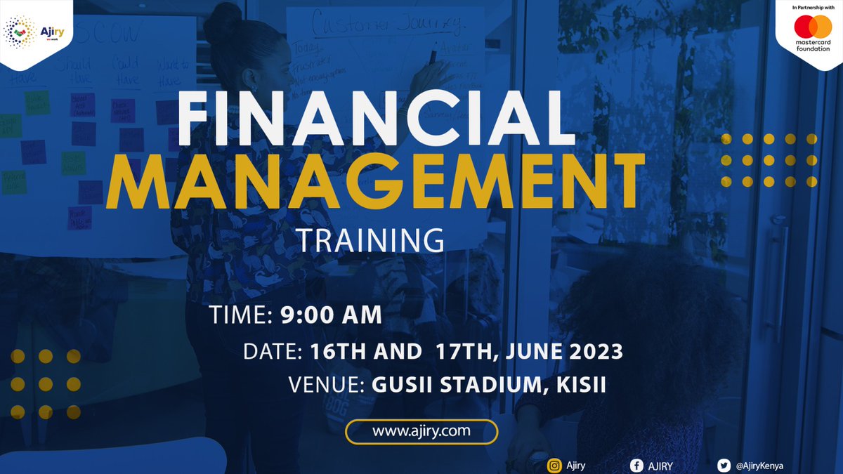 AjiryKenya's tweet image. 📢 Exciting opportunity alert! 

Ajiry Kisii Centre is organizing a Financial Management training at Gusii Stadium on 16th and 17th June from 9 a.m. 

Don&apos;t miss out on enhancing your financial skills! 💼💸 

#FinancialManagement #TrainingEvent #AjiryKisiiCentre