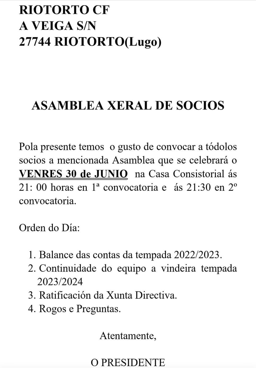 Asamblea Xeral de Socios para a Tempada 2023-2024. 

📆 Viernes 30 de Junio
📍 Casa Consistorial 
⏰ 21:00 Horas

#Riotortocf  #CoaForzaDeTodoUnPobo 🔴⚪️