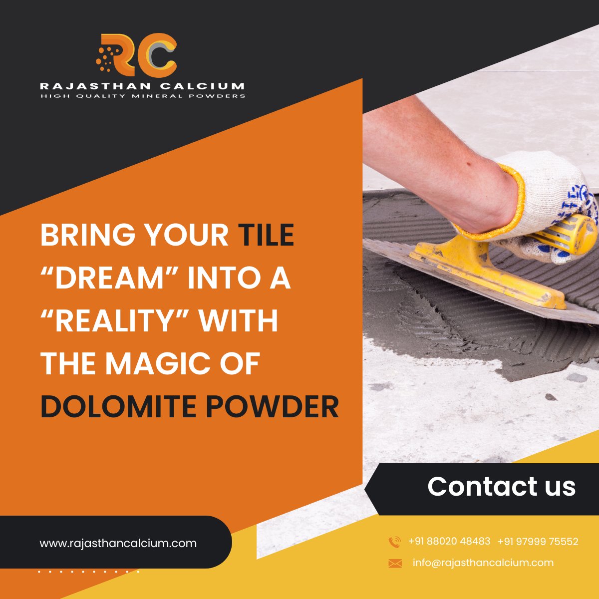 RajasthnCalcium's tweet photo. Choose first-rate Dolomite Powder from Rajasthan Calcium to improve tile strength, longevity, and aesthetic appeal. Make your tile shine with extraordinary power in any décor. #RajasthanCalcium #DolomitePowder #TileGame #StyleyourSpace https://t.co/F1a2GLRKwt