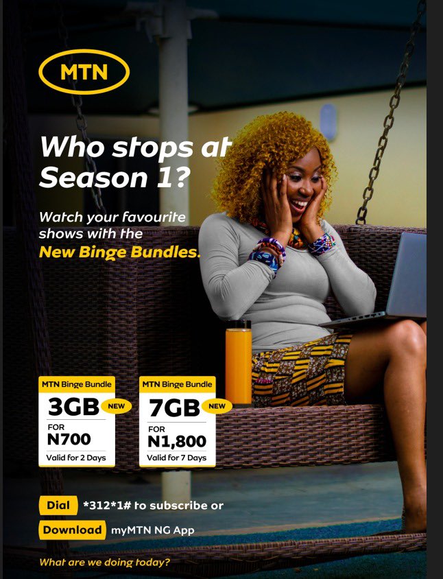 Nihinlola_O's tweet image. Time to binge-watch your favourite content stress-free with our New Binge Bundles

Dial*321*1# or visit mtnapp.page.link/myMTNNGApp to enjoy.

#DoMoreWithData
#MTNPulseDigitalArmy
