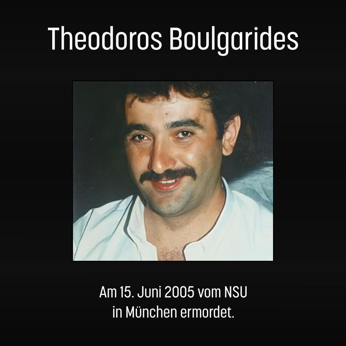 Wir gedenken: Vor 18 Jahren, am 15. Juni 2005, wurde Theodoros Boulgarides in seinem zwei Wochen zuvor eröffneten Schlüsseldienst in #München vom #NSU ermordet. Er wurde 41 Jahre alt. #KeinSchlussstrich #KeinVergessen #RechtenTerrorStoppen