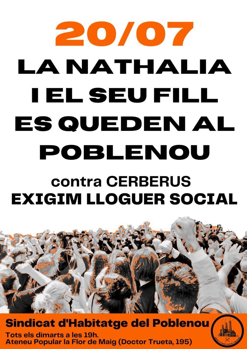 EndavantP9's tweet photo. ⭕️El 20 de juliol, desnonament al #Poblenou⭕️

Cerberus no vol oferir lloguer social a la Nathalia i al seu fill i els vol fer fora de casa. El @SHabitatgeP9 ens convoca per evitar-ho.❤️‍🔥
Lluitem contra la depredació capitalista, aturem el desnonament!✊

#ForçaSindicat #Unimnos https://t.co/jDrMvWbU4N