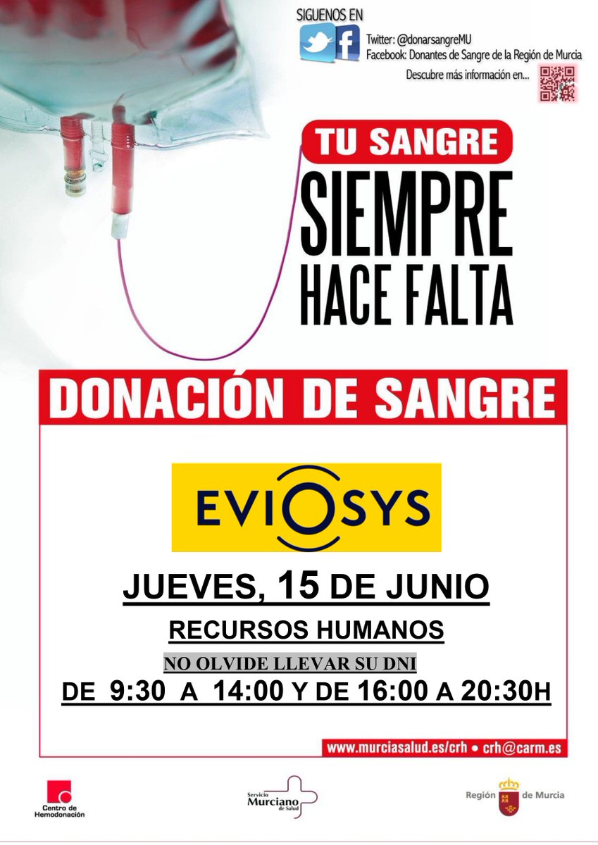 DonarSangreMU's tweet photo. #BuenosDías #FelizJueves y gracias a la empresa #Eviosys por vuestra colaboración, generosidad y solidaridad, gracias por abrirnos las puertas de vuestras instalaciones, por ejercer #RSC con nosotros y facilitar la donación de sangre entre vuestros trabajadores #TodosSumamos 💪⬇️ https://t.co/OaBMShKQ0u