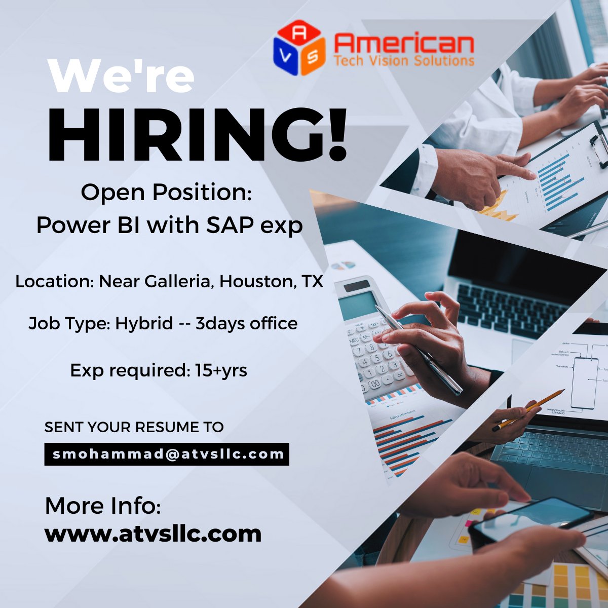 We have openings for the post of #PowerBI with #SAP exp.
Interested candidates can send resume to smohammad@atvsllc.com
American Tech Vision Solutions-atvsllc.com
#softwareengineer #consultants #consultant #consultancy #consultantjobs #bigdatadeveloper #bigdata