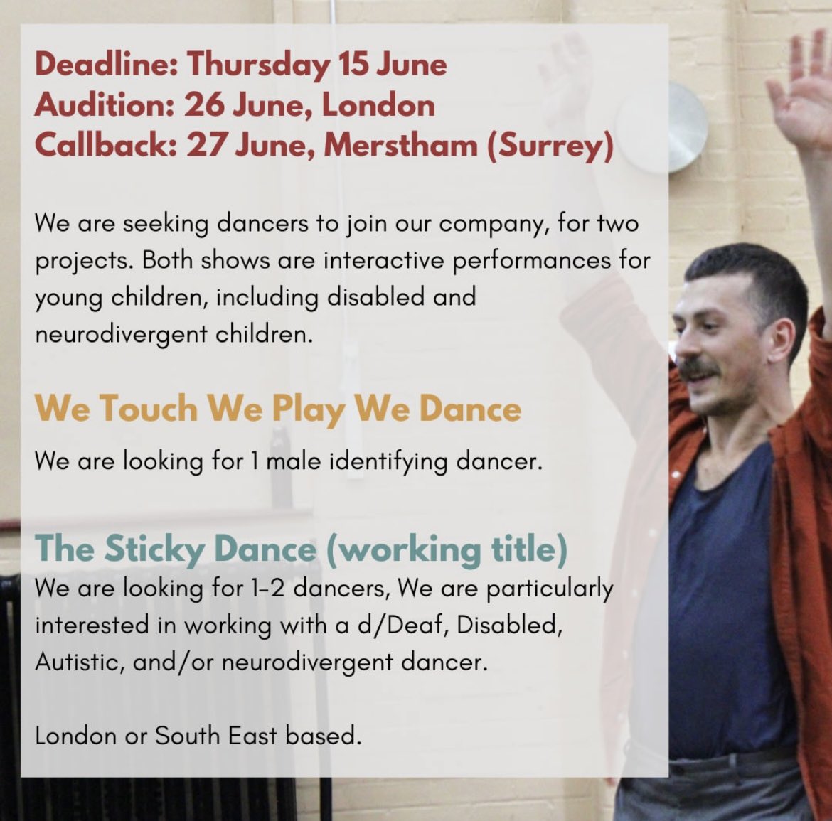 ❕Deadline: Today 15 June, midnight❕

Dancer Call Out

We currently have two projects looking for dancers to join our Company. Both shows are interactive performances for young audiences.  Find out more information: secondhanddance.co.uk/workwithus/

#dancejob #disabledled