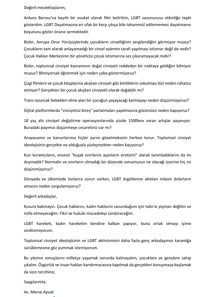 Ankara Barosu'nun LGBT savunucusu etkinliğine tepki gösterdiğim için destek veren meslektaşlarıma,kitle örgütü temsilcilerine,herkese yürekten teşekkürler.

Sosyal medya çağrılarıyla,ÇHM Başkan Yardımcılığı görevimden istifaya davet eden meslektaşlarıma ise yanıt vermek istiyorum