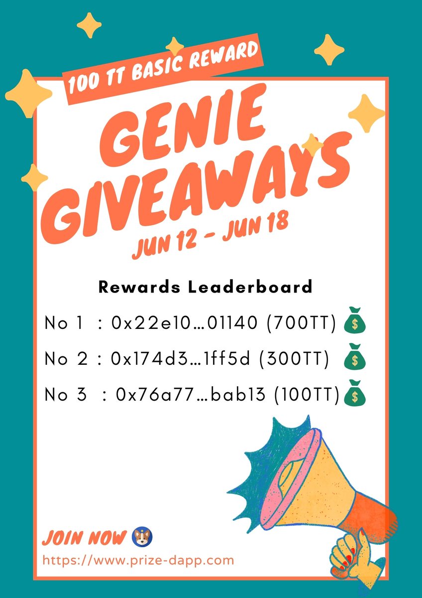 🚨#Genie giveaways, 4 days left!
Here are the Top3 currently expected to receive the most #rewards.🤑🤑

⛏️Buy 3 picks at Genie, 100 TT is yours.
You don't have to compete with someone to get rewards.

Unlimited #TT rewards, hurry up and participate!

Gogogo!!!🚀💎 #earnonline
