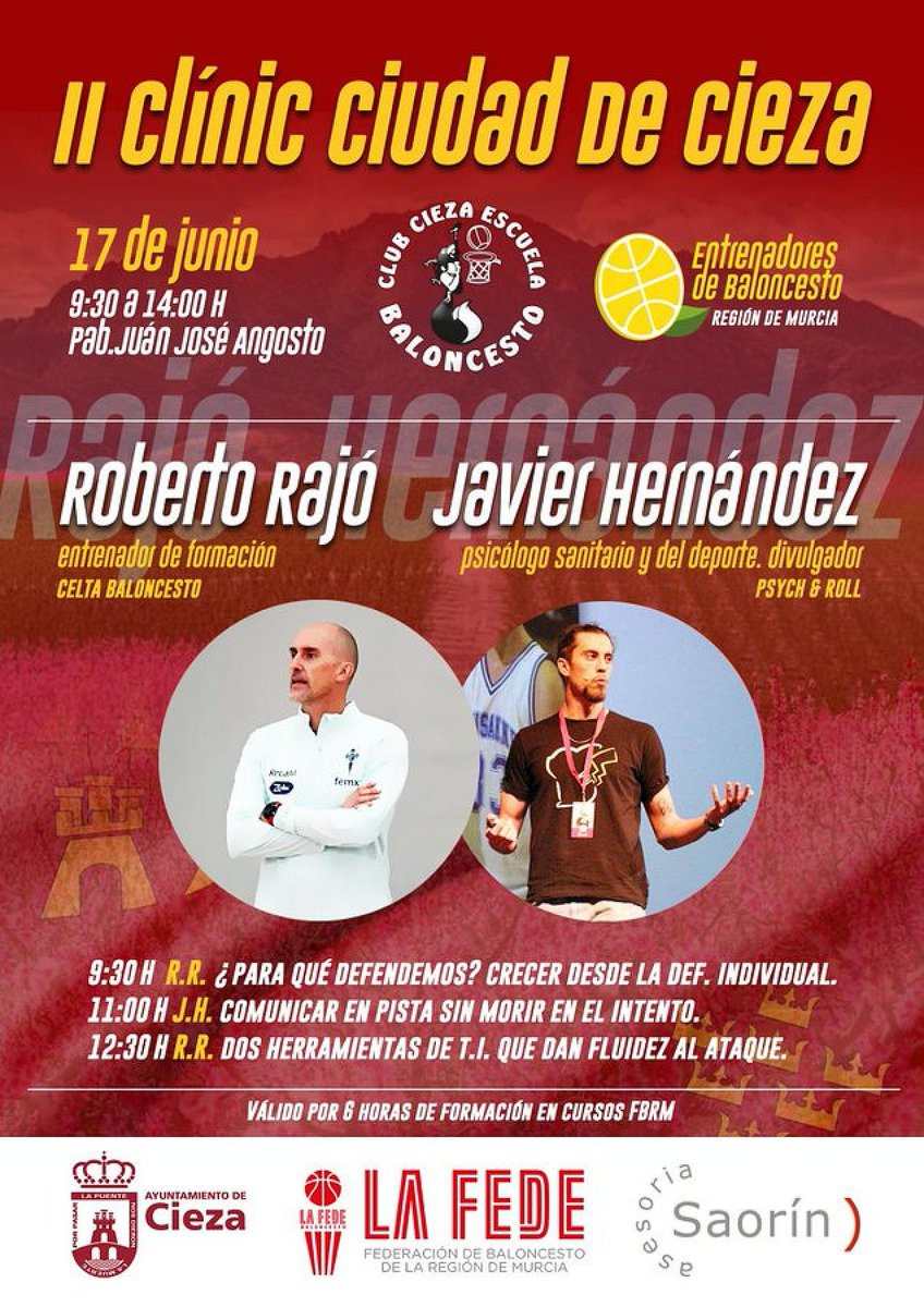 Este sábado se celebrará el II Clínic Ciudad de Cieza, organizado por <a href="/CiezaEB/">CiezaEB</a> y la <a href="/AmebaCoachs/">Entrenadores de Baloncesto de la Región de Murcia</a> 🍋

Será en horario de 9:30 a 14:00, contará con la presencia de Roberto Rajó y Javier Hernández, y será válido por 6 horas de formación en cursos de La FEDE 🏀