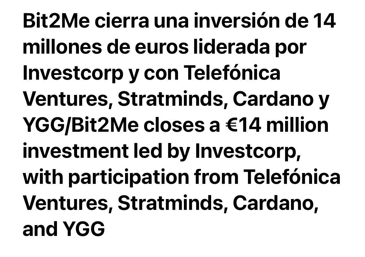 Bit2me levanta otros 14 kilos con Telefónica y Cardano inyectando. Me parece un acto de Fe invertir más allí con el mercado como está y con la competencia que hay