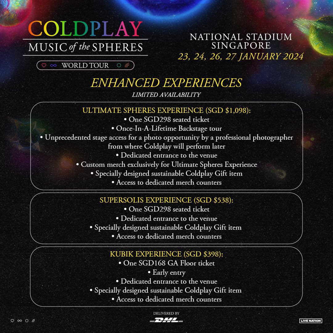 LiveTicketingSG's tweet photo. HTB / LIVE TICKETING

Coldplay Music of the Spheres in SG
Commission fee: $60/ticket 
Live Nation presale on 19 June ✅

Please read FAQs if interested, reviews in bio &amp; pinned tweet. 

#Coldplay #ColdplayinSG #Coldplaytickets #coldplayinsingapore https://t.co/OTziUhwUCJ