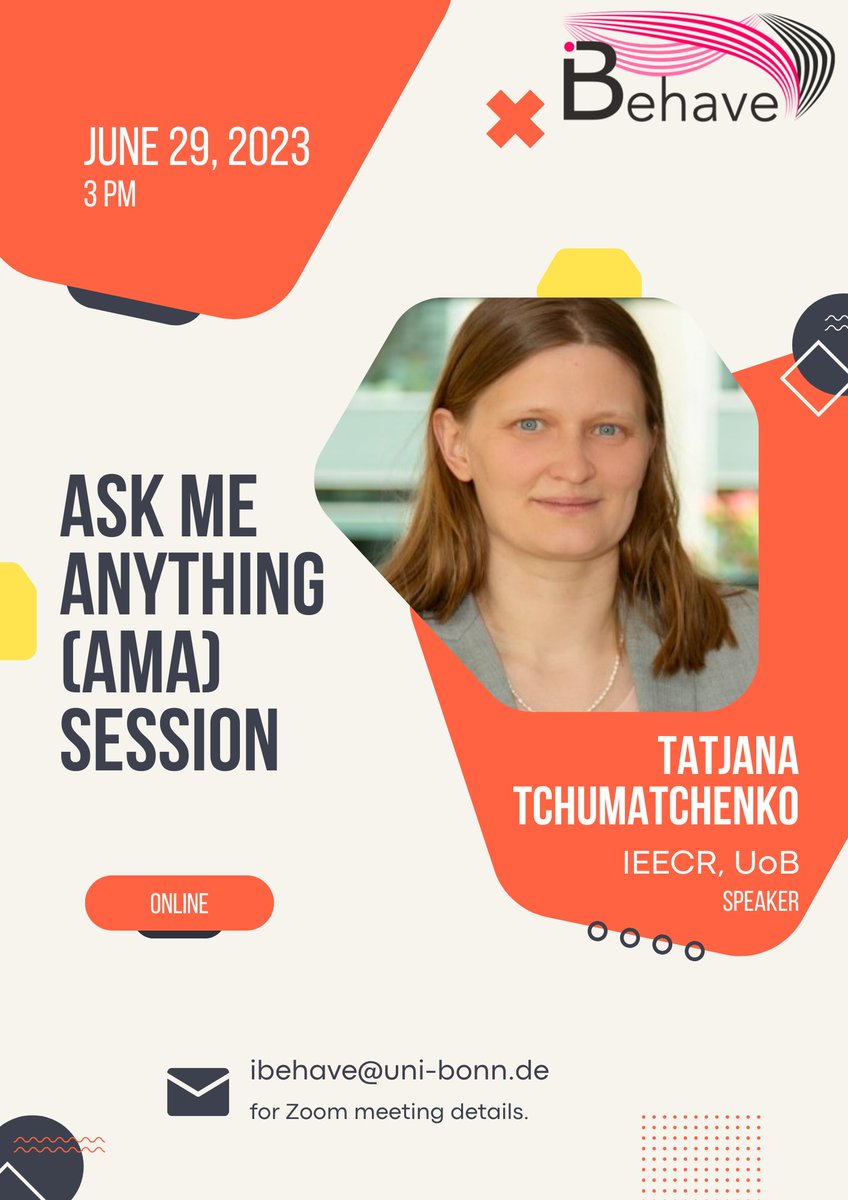 📢 Save the Date! 🗓️ 📌Join us on June 29 at 3 pm for Ask Me Anything (AMA) session with Prof. Dr. Tatjana Tchumatchenko, an expert in theoretical neuroscience. 📌Don't miss this opportunity to gain valuable insights and ask questions! #ibehave #AMA #neuroscience #networking