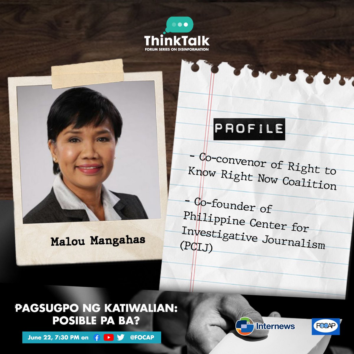 focapmedia's tweet photo. Ayon kay Malou Mangahas, hindi lang daw iisa ang klase ng corruption ang nagaganap sa pamahalaan. Ano-ano pa kaya ang mga katiwaliang naidokumento niya bilang isang beteranong investigative journalist?

#ThinkTalk |  June 22 | 7:30 PM https://t.co/o32TphJzdQ